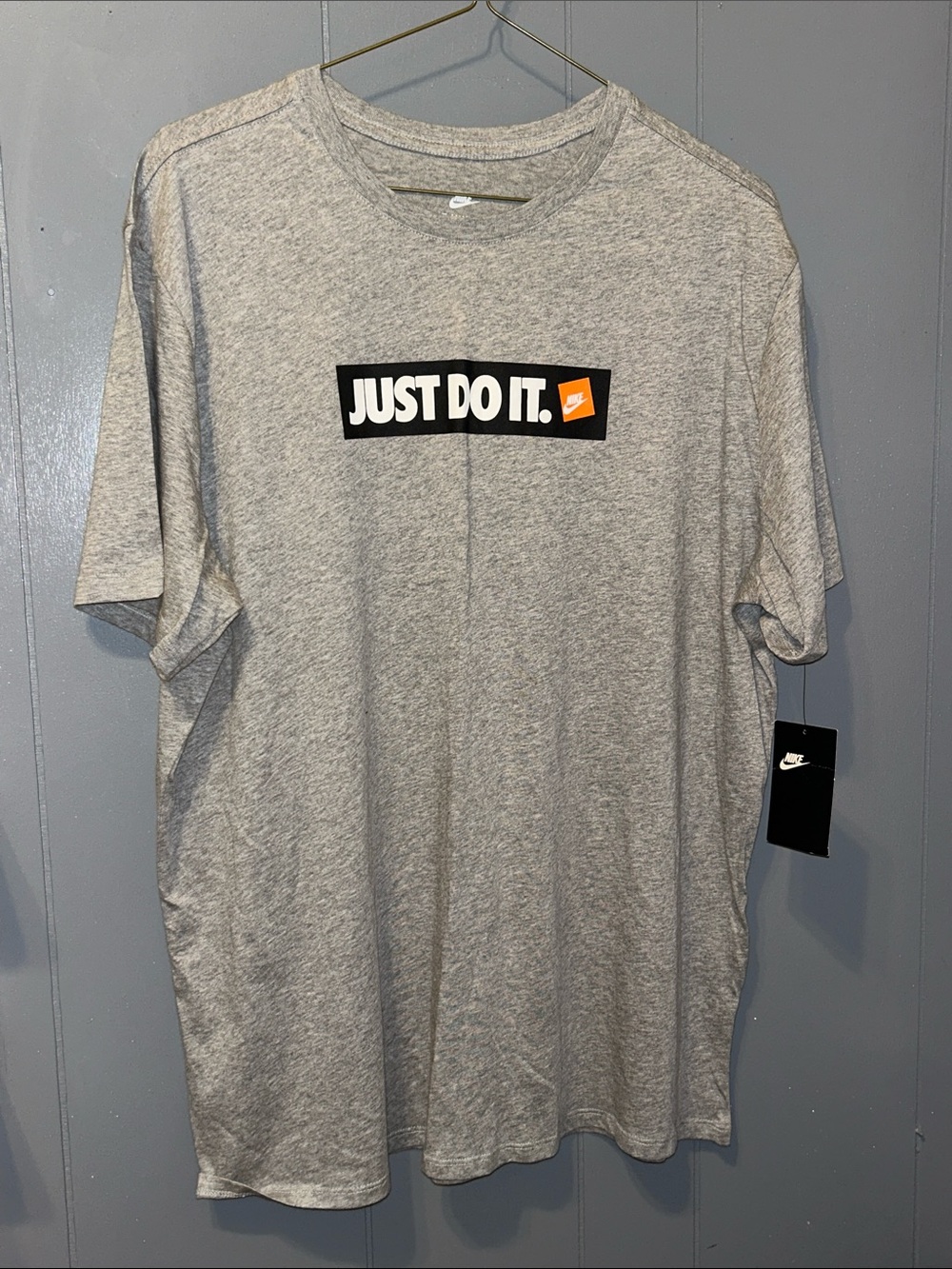 Nike Gray Short Sleeve Tee with Black 'Just Do It.' and Orange Accent
